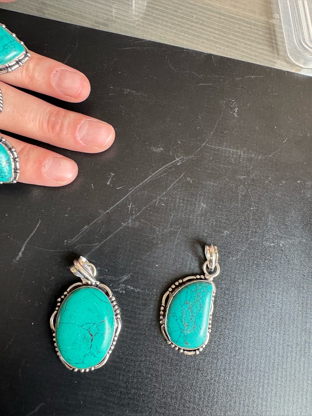 Reseller Bundle. 5- .925 stamped rings, 5-.925 turquoise colored pendants - Picture 5 of 9